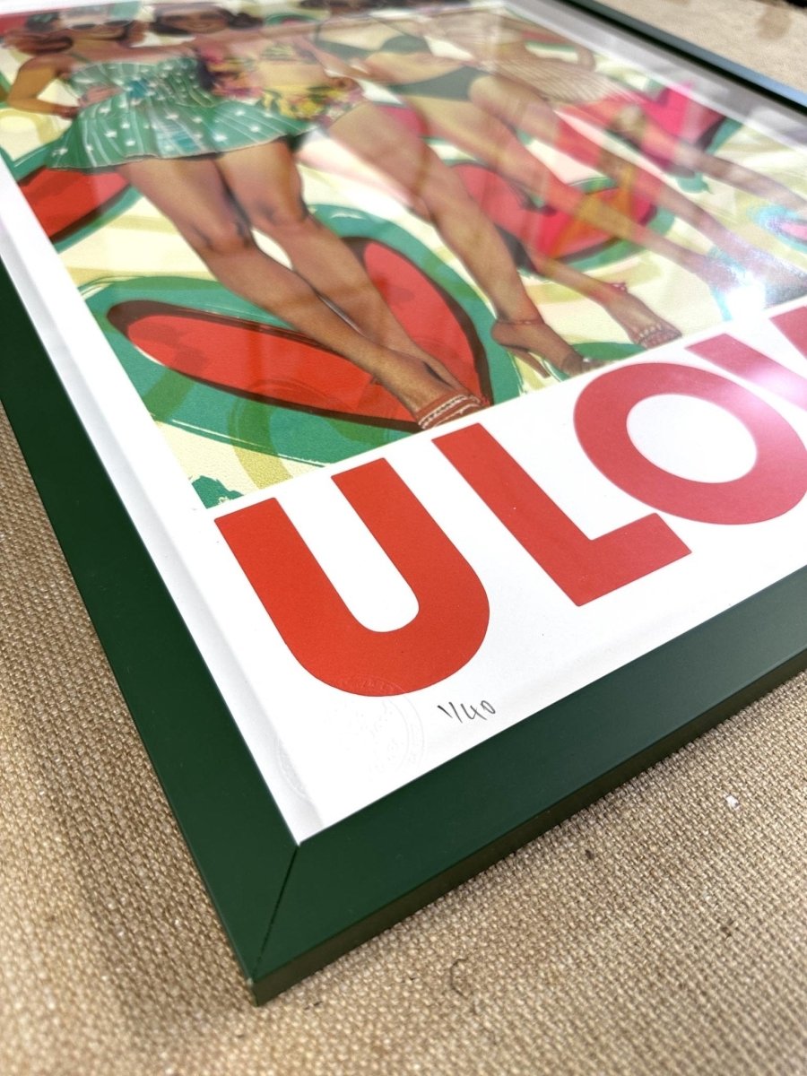 Multi-colour screenprint, red green yellow, vintage beach babes in retro swimsuits and sunglasses, edition of 40
