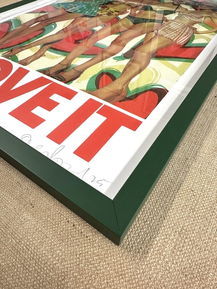 Multi-colour screenprint, red green yellow, vintage beach babes in retro swimsuits and sunglasses, edition of 40