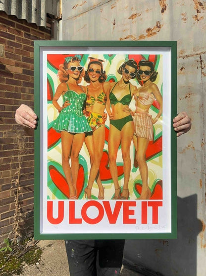 Multi-colour screenprint, red green yellow, vintage beach babes in retro swimsuits and sunglasses, edition of 40