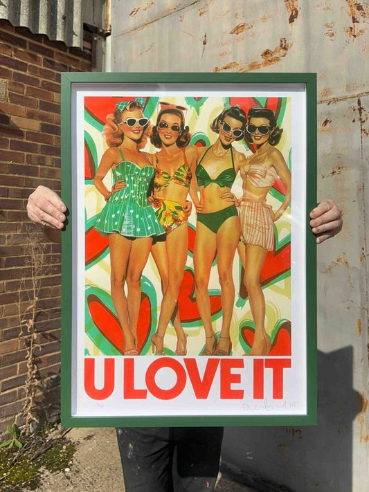 Multi-colour screenprint, red green yellow, vintage beach babes in retro swimsuits and sunglasses, edition of 40