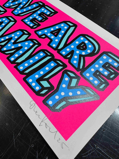 We Are Family Mini Fluro Pink Hand Pulled Screenprint Original screenprint OLI FOWLER ART tag1  Hand Pulled Screenprint