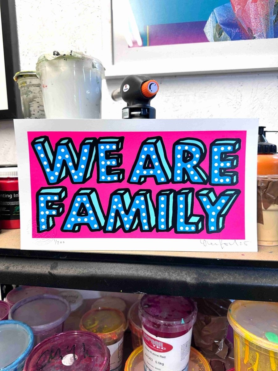 We Are Family Mini Fluro Pink Hand Pulled Screenprint Original screenprint OLI FOWLER ART tag1  Hand Pulled Screenprint