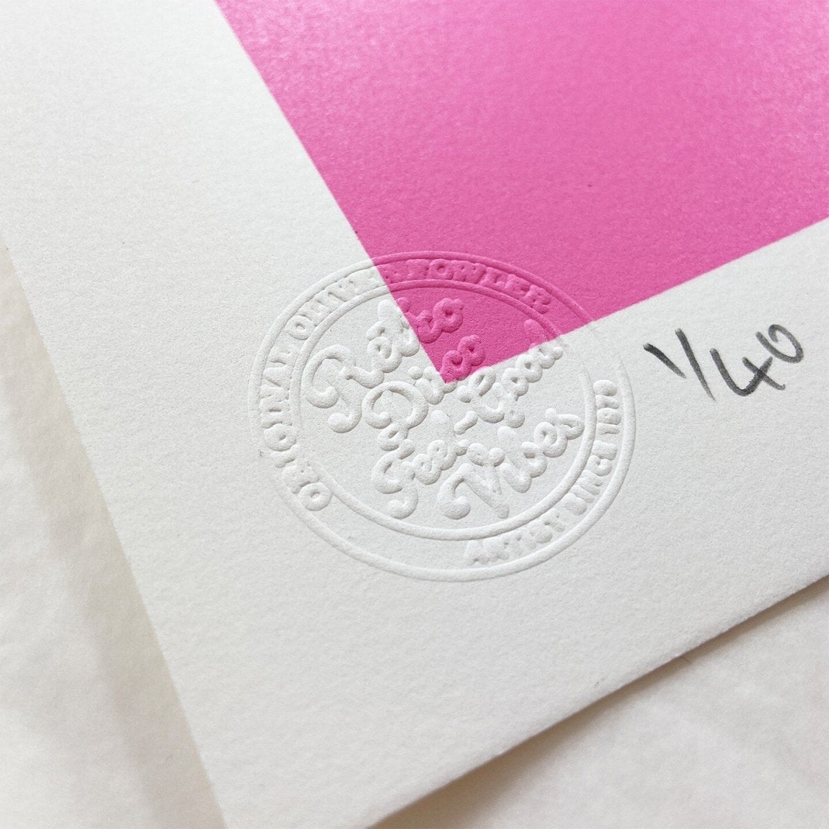 5-colour screenprint, hot pink, bold black 'Who Cares?' with retro shadows, edition of 40, white paper